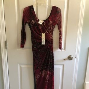 Fuzzi Tulle Mesh Knit Animal Print Scoop neck Ruched waist 3/4 sleeve Maxi dress